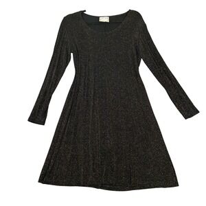 VTG 90s Dressing Clio Black Gold Metallic Sparkle Long Sleeve Skater Dress M